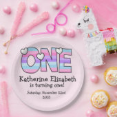 Roze Paarse Ombre Strepen Harten Eerste Verjaardag Papieren Bordje (Feest)