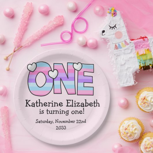 Roze Paarse Ombre Strepen Harten Eerste Verjaardag Papieren Bordje (Feest)