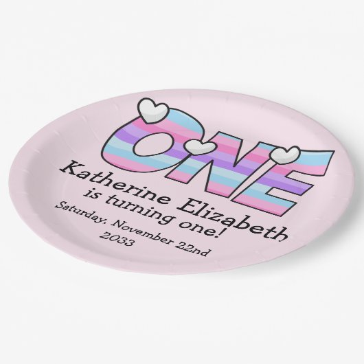 Roze Paarse Ombre Strepen Harten Eerste Verjaardag Papieren Bordje (Gekanteld)