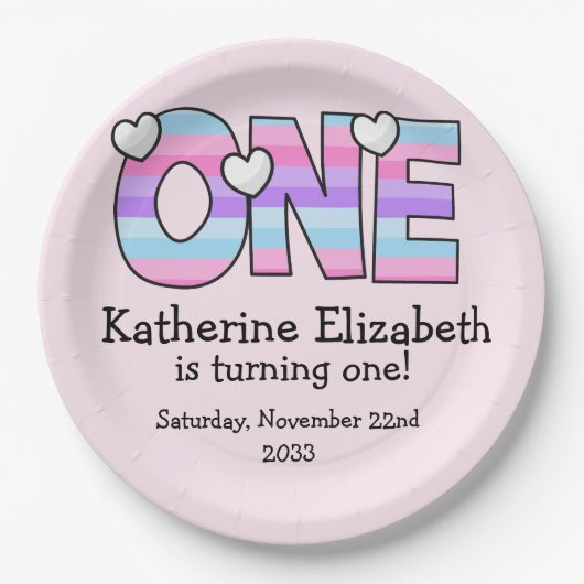 Roze Paarse Ombre Strepen Harten Eerste Verjaardag Papieren Bordje (Voorkant)
