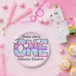 Roze Paarse Ombre Strepen Harten Eerste Verjaardag Papieren Bordje