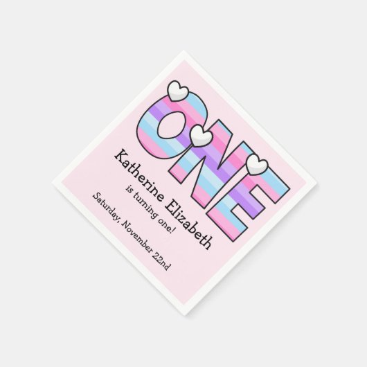 Roze Paarse Ombre Strepen Harten Eerste Verjaardag Servet (Hoek)