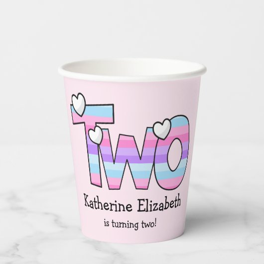 Roze Paarse Ombre Strepen Harten Tweede Verjaardag Papieren Bekers (Achterkant)