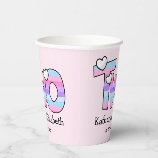 Roze Paarse Ombre Strepen Harten Tweede Verjaardag Papieren Bekers (Rechts)