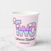 Roze Paarse Ombre Strepen Harten Tweede Verjaardag Papieren Bekers (Voorkant)