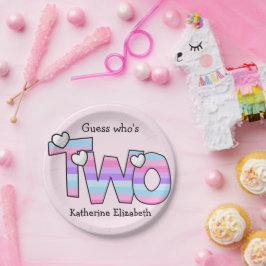 Roze Paarse Ombre Strepen Harten Tweede Verjaardag Papieren Bordje