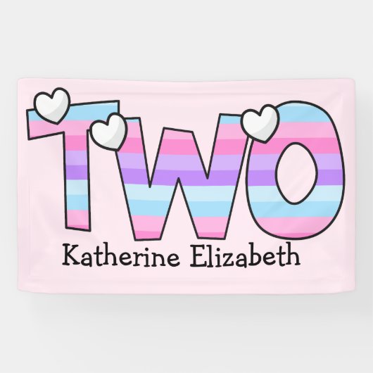 Roze Paarse Ombre Strepen Harten Tweede Verjaardag Spandoek (Horizontaal)