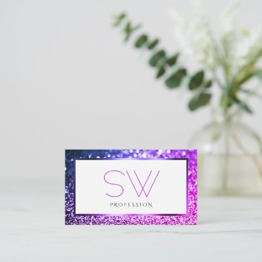 Roze Paarse Ombre Wit Sprankelend Glitter Monogram Visitekaartje (Staand voorkant)