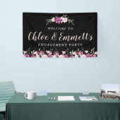 Roze Paarse op Black Floral Engagement Party Spandoek (Beurs)