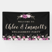 Roze Paarse op Black Floral Engagement Party Spandoek (Horizontaal)