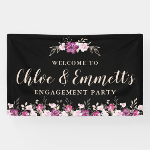 Roze Paarse op Black Floral Engagement Party Spandoek
