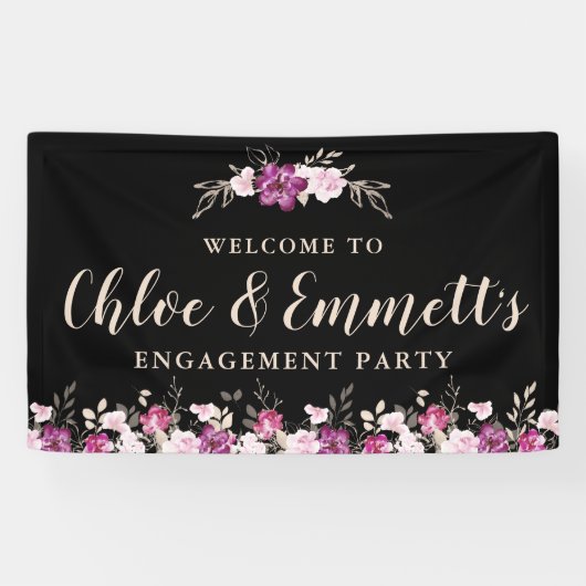 Roze Paarse op Black Floral Engagement Party Spandoek (Horizontaal)