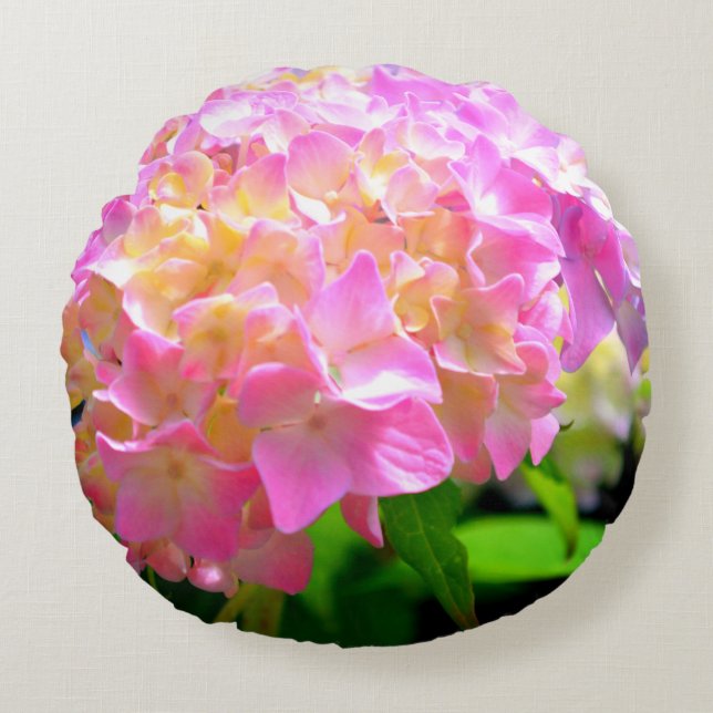 Roze paarse oranje hydrangeas rond kussen (Voorkant)