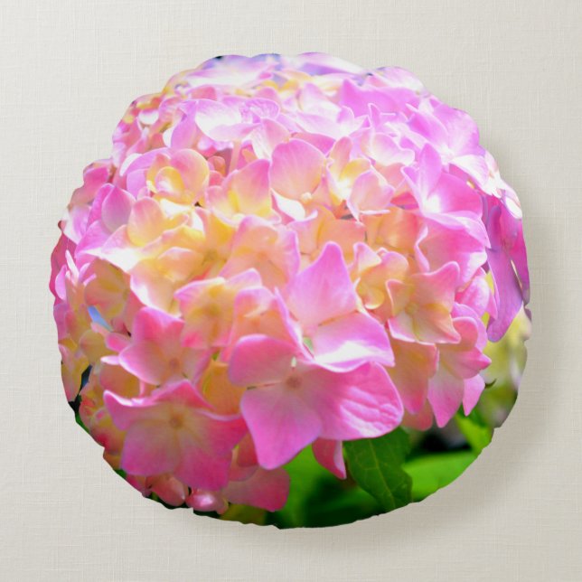 Roze paarse oranje hydrangeas rond kussen (Voorkant)