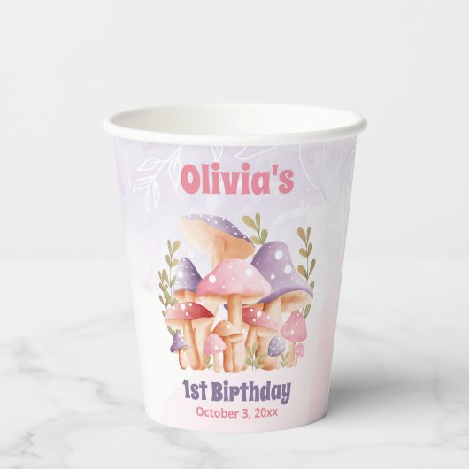 Roze Paarse Paddenstoelen Herfst 1e Verjaardag Pap Papieren Bekers (Achterkant)