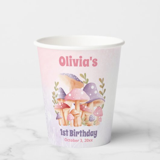Roze Paarse Paddenstoelen Herfst 1e Verjaardag Pap Papieren Bekers (Voorkant)