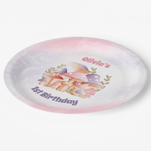 Roze Paarse Paddenstoelen Herfst 1e Verjaardag Papieren Bordje (Gekanteld)