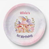 Roze Paarse Paddenstoelen Herfst 1e Verjaardag Papieren Bordje (Voorkant)