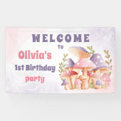 Roze Paarse Paddenstoelen Herfst 1e Verjaardagsban Spandoek (Horizontaal)