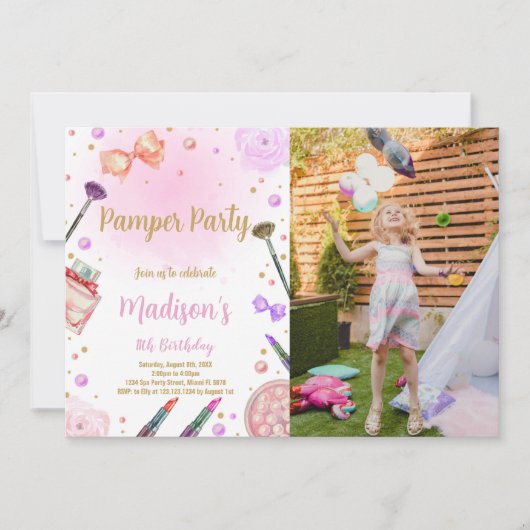 Roze Paarse Pamper Party Birthday Invitation phot Kaart (Voorkant)