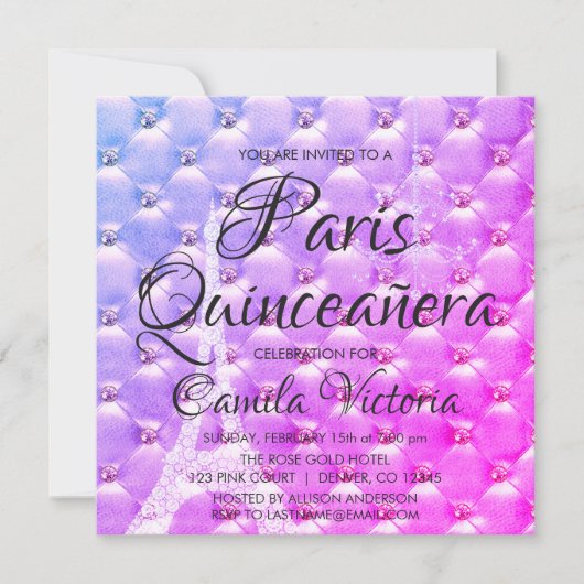 Roze Paarse Paris Quinceañera Feest Kaart (Voorkant)