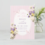 Roze paarse pastel bloemige bruiloft save the date (Staand voorkant)