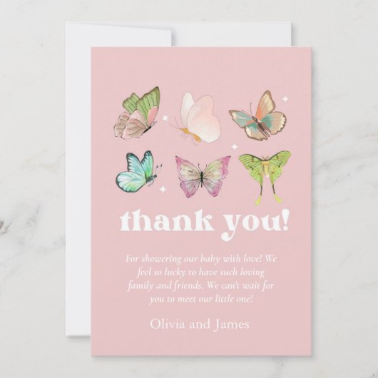 Roze Paarse Pastel Butterfly Girl Baby shower Bedankkaart (Voorkant)