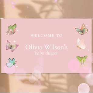 Roze Paarse Pastel Butterfly Girl Baby shower Spandoek