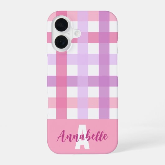 Roze Paarse Pastel Gingham Patroon Monogram iPhone 16 Hoesje (Achterkant)