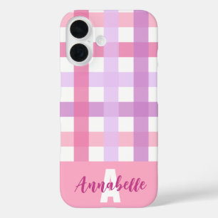 Roze Paarse pastel gingham patroonmonogram iPhone 16 Hoesje