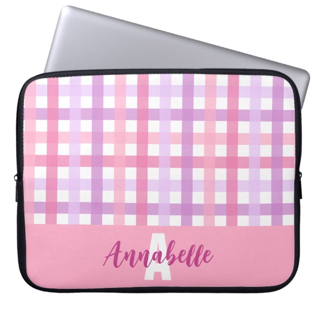 Roze Paarse pastel gingham patroonmonogram Laptop Sleeve (Voorkant)