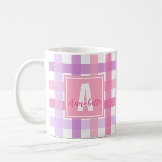 Roze Paarse pastel Modern Gingham Monogram Koffiemok (Links)