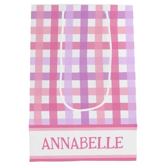 Roze Paarse pastel Modern Gingham Pattern Medium Cadeauzakje (Achterkant)