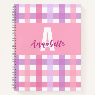 Roze Paarse pastel Monogram Gingham Pattern Notitieboek