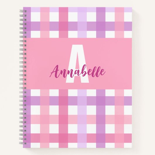 Roze Paarse pastel Monogram Gingham Pattern Notitieboek (Voorkant)