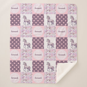 Roze Paarse Patchwork Eenhoorn Harten Custom Name Sherpa Deken