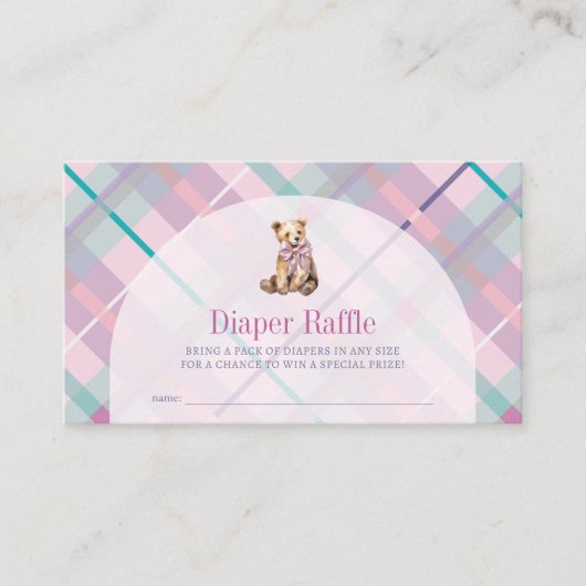 Roze Paarse Plaid Teddy Bear Luier Raffle Ticket Informatiekaartje (Voorkant)