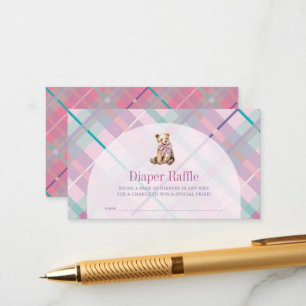 Roze Paarse Plaid Teddy Bear Luier Raffle Ticket Informatiekaartje