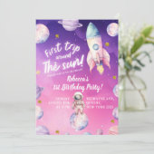 Roze Paarse Planeet Space Girl's eerste verjaardag Kaart (Staand voorkant)