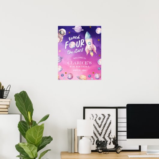 Roze Paarse Planeet Space Girl's Geboorte Welkom T Poster (Thuiskantoor)