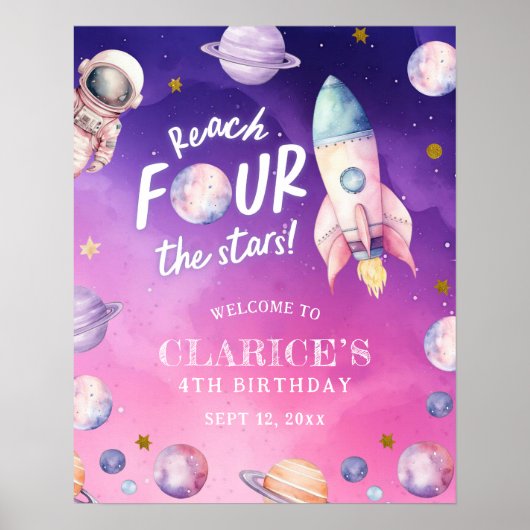 Roze Paarse Planeet Space Girl's Geboorte Welkom T Poster (Voorkant)