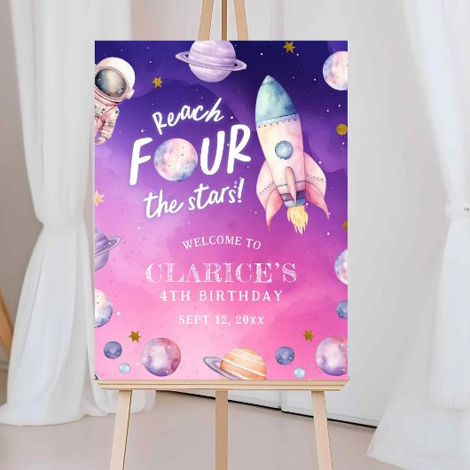 Roze Paarse Planeet Space Girl's Geboorte Welkom T Poster