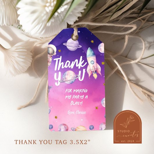 Roze Paarse Planeet Space Girl's verjaardagscadeau Cadeaulabel