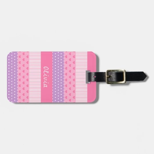 Roze Paarse poka Dots Stripes Hearts Patroon Bagagelabel (Voorkant horizontaal)