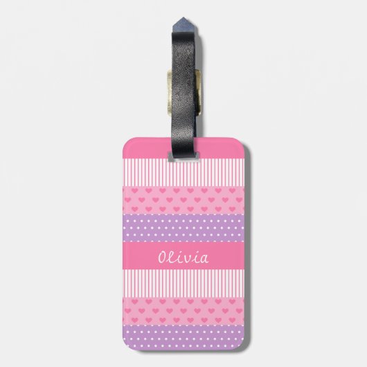 Roze Paarse poka Dots Stripes Hearts Patroon Bagagelabel (Achterkant verticaal)