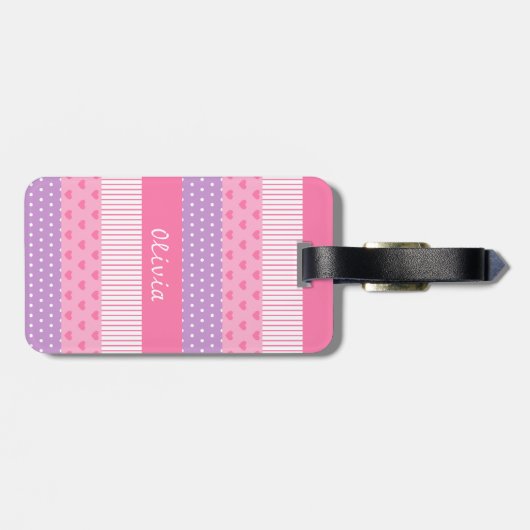Roze Paarse poka Dots Stripes Hearts Patroon Bagagelabel (Achterkant horizontaal)