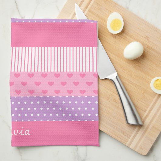 Roze Paarse poka Dots Stripes Hearts Patroon Theedoek (Quarter Fold)