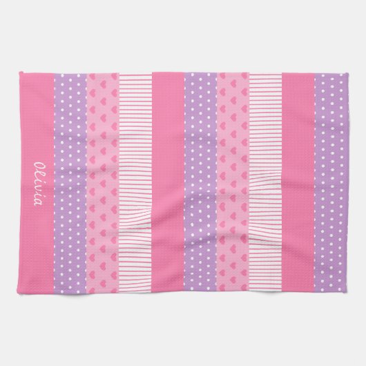 Roze Paarse poka Dots Stripes Hearts Patroon Theedoek (Horizontaal)