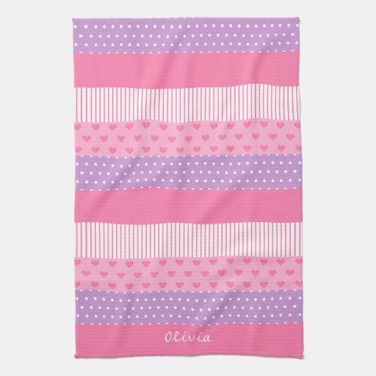 Roze Paarse poka Dots Stripes Hearts Patroon Theedoek (Verticaal)