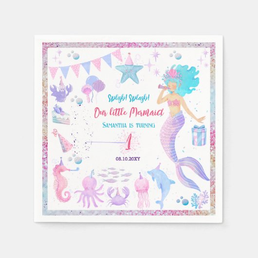 Roze Paarse Pool Party 1e Meisjes Zeemeermin Verja Servet (Voorkant)